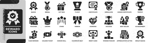 Reward icon collection set. Containing trophy, medals, badge, crown, plaque, diamond, certificate, and gift boxes for achievements and recognition. Solid vector icons collection.