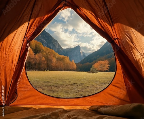 Scenic autumn landscape viewed from inside an orange camping tent. The golden foliage, majestic mountains, and soft morning light create a peaceful and adventurous atmosphere in the great outdoors.
