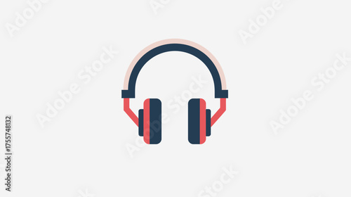 A stylized, flat icon of headphones in red, navy, and off-white colors
