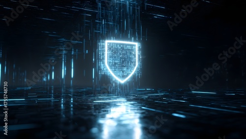 Futuristic glowing neon blue shield emblem representing digital security and data protection in a dark technological environment isolated on transparent background