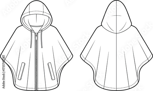 Hooded cape fashion CAD, technical flat sketch, vector illustration, front and back view, apparel design template, garment construction drawing, outerwear pattern