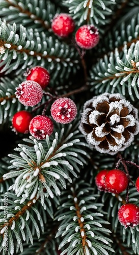 A close-up of frosted pine branches with red berries and a pine cone, evoking a wintery, festive atmosphere.