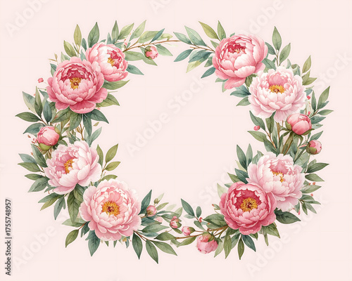 Pink peonies whisper secrets in a wreath of gentle leaves