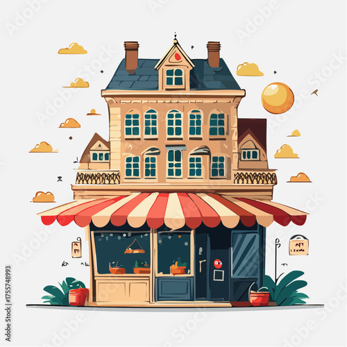 Illustration of a charming two story shop with awning and upper level