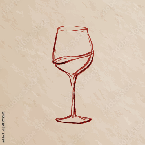 Red wine in a glass, drawn with a brush on textured paper