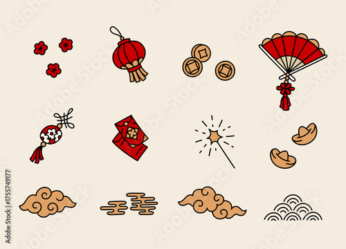 Set elements for Chinese New Year. Oriental Collection of red envelope, coins, gold ingots, clouds, flowers, fan, talismans, fireworks, lantern, auspicious symbols. Asian holiday clip art