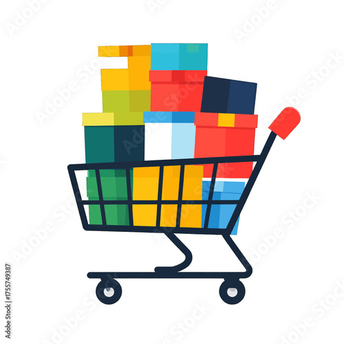 Shopping Cart Overloaded with Colorful Gift Boxes on White Background Illustration