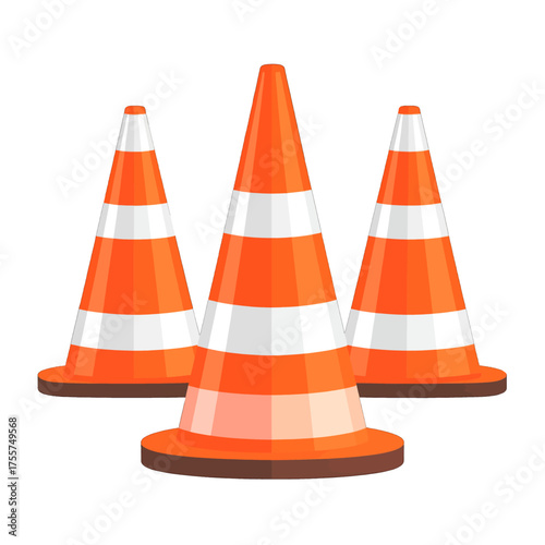 Three Orange and White Traffic Cones on White Background Indicating Safety and Caution Bright Lighting and Minimalist Style