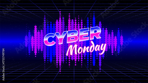Cyber monday retro futuristic neon offer banner. 80s style, neon color. Sale poster, promotion. Laser grid, audio waveform, wireframe floor. Cyber monday synthwave concept. Vector