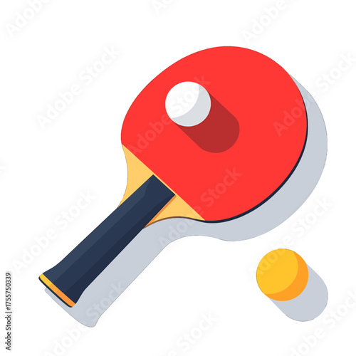 Red Paddle with Dark Handle and a White Ball Over a Yellow Ball on a White Background for Table Tennis Game Concept