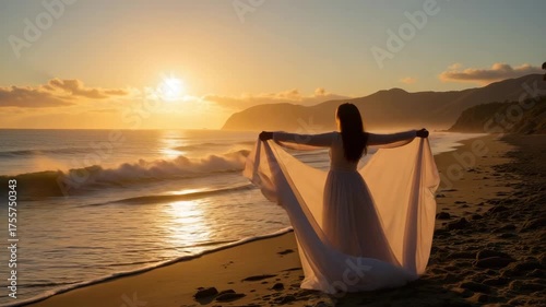 Woman standing by beach at dawn with sheer curtains blowing in wind  