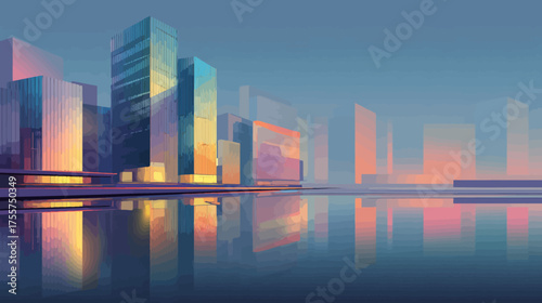 Geometric city skyline at dusk reflected on still water, bathed in warm light