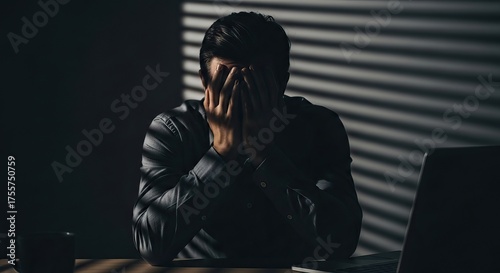 Mental Health in the workplace, A man sitting at a desk, covering his face with his hands, appears distressed under shadows from blinds and a laptop nearby.