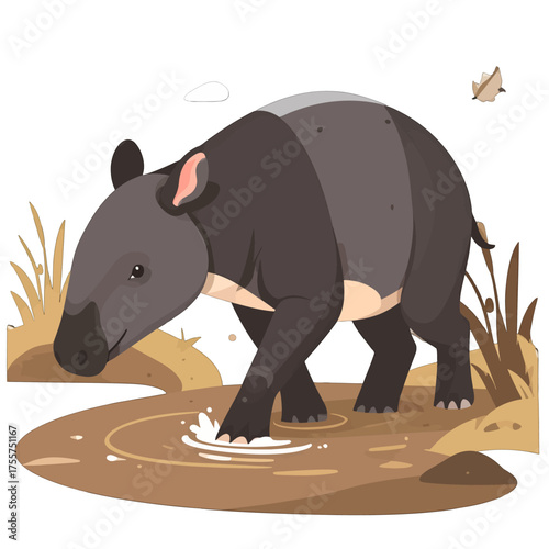 Cartoon Tapir Wading Through Muddy Water Illustration Against White Background With Tall Grass And Falling Leaf