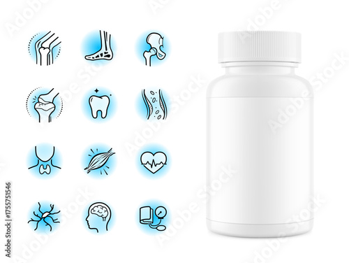 Plastic bottle mockup for calcium mineral supplement Vector illustration isolated on white background. Perfect for health and wellness and pharmacy graphics. EPS10.