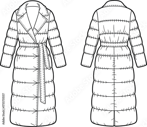 Long padded coat fashion CAD, quilted outerwear technical flat sketch, vector illustration, front and back view, apparel design template, garment construction drawing