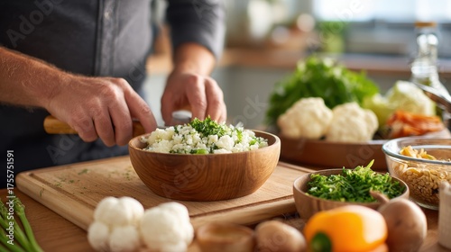 Fototapeta Naklejka Na Ścianę i Meble -  Hands Chopping Fresh Vegetables in a Bright Kitchen During Food Preparation