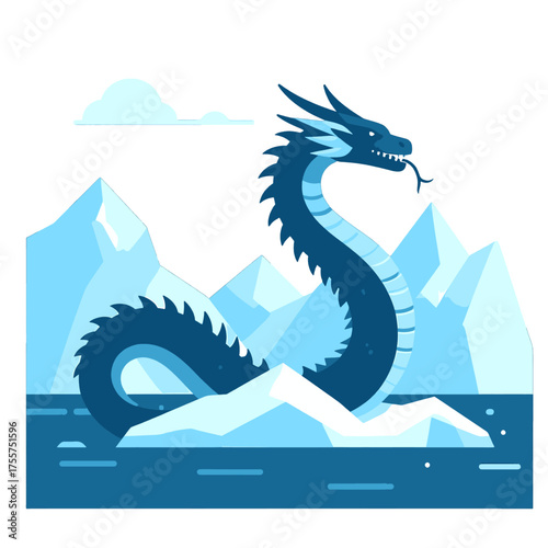 Dark Blue Pixelated Sea Serpent Emerging from Iceberg in Light Blue Ocean with Jagged Mountain Range