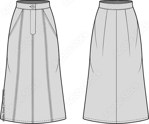 Long pleated skirt fashion CAD, a line maxi skirt technical flat sketch, vector illustration, apparel design template, garment construction drawing