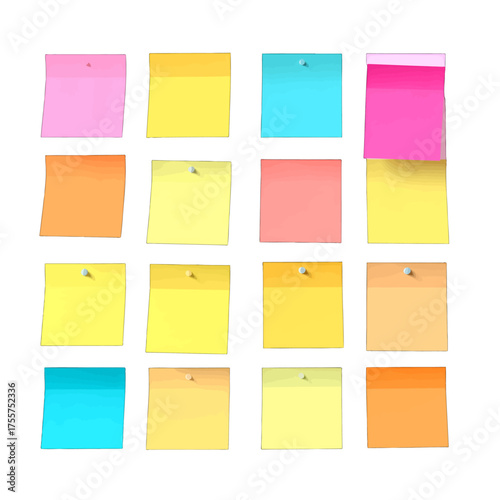 Array of Sixteen Colorful Sticky Notes with Push Pins on White Background