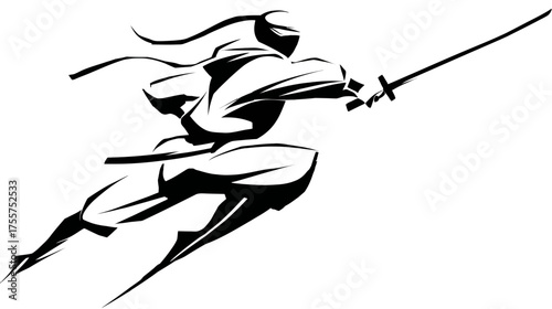 Black and white silhouette of a dynamic ninja in motion with sword