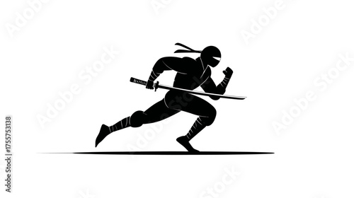 A black silhouette of a running ninja with a sword is depicted
