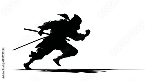 A black silhouette of a warrior in dynamic motion, brandishing a sword