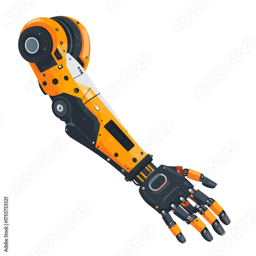 Pixel Art Render of a Robotic Arm with Bright Orange and Dark Gray Accents on Isolated White Background with Intricate Joint Detailing