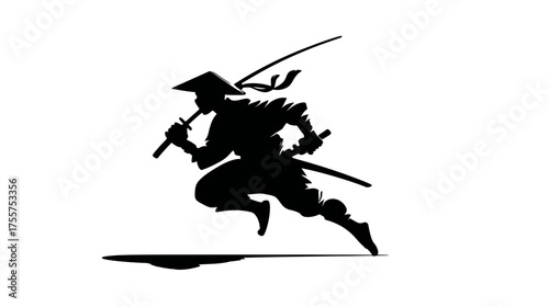 Silhouette of a running warrior with two swords and a conical hat