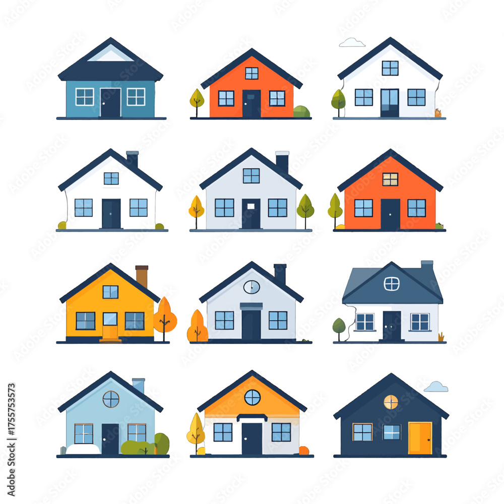 Fototapeta premium Collection of Pixelated Houses in Various Colors with Trees and Gables Against White Backgrounds