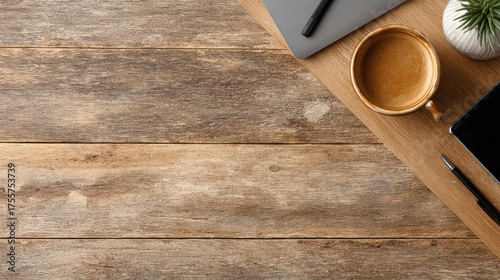 Cozy Workspace with Coffee Mug, Laptop, and Notepad on Rustic Wooden Table Surface