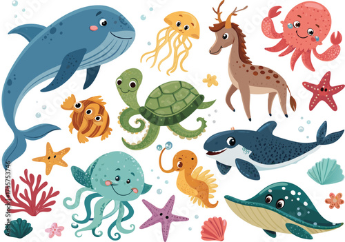 A vibrant collection of cheerful cartoon marine animals and a land mammal, including a whale, dolphin, octopus, jellyfish, seahorse, starfish, turtle, and a ...
