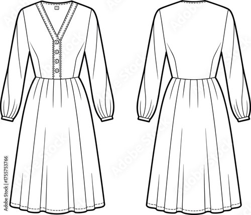 Long sleeve dress fashion CAD, v neck gathered skirt technical flat sketch, vector illustration, apparel design template, garment construction drawing, front back view