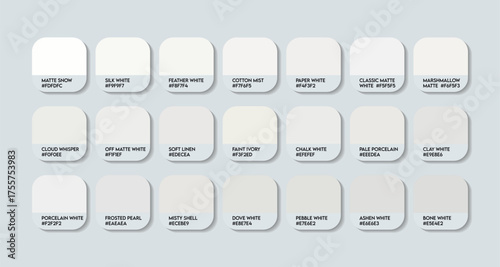 Peo White Color Guide Palette with Color Names. Catalog Samples Peo White with RGB HEX codes and Names. Peo Colors shades Vector, Original Peo White Color Palette, Newly Fashion Trend White colors
