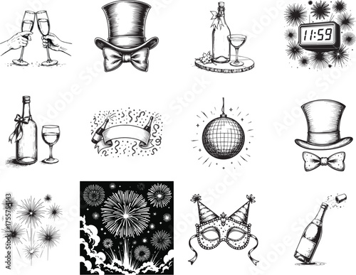 Elegant monochrome sketches capturing the essence of New Year's Eve celebrations, offering a glimpse into the festivities with symbolic imagery.