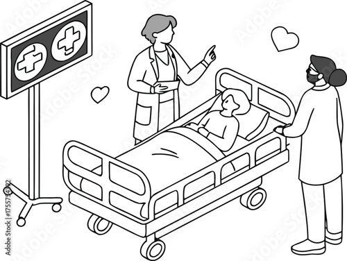 A medical professional attends to a patient in a hospital bed, with another caregiver nearby and a monitor displaying medical symbols.