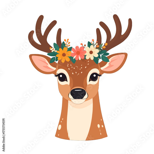 Portrait of Cute Brown Deer with Flowers on Antlers Against White Background