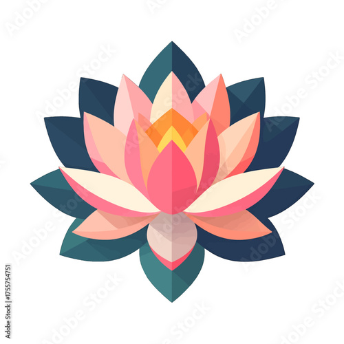 Stylized Pink Lotus Blossom with Teal Leaves on White Background Isolated
