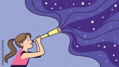 A young girl with a ponytail gazes through a telescope, revealing a swirling galaxy of stars and cosmic dust against a serene blue background, symbolizing di...