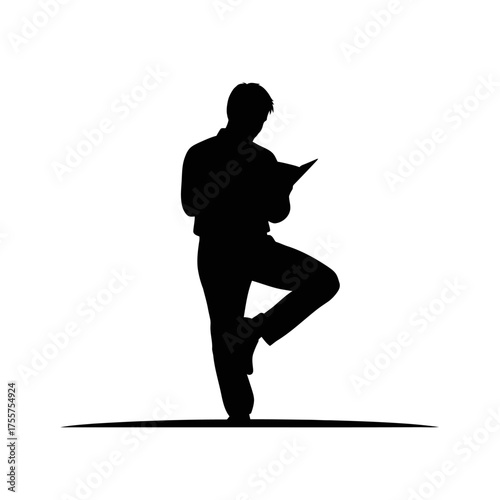 Focused businessman absorbing knowledge while balancing on one leg, symbolizing intellectual pursuit and innovative thinking in a modern setting