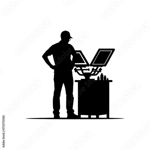 Dedicated craftsman attentively observing screen printing press, ready to create vibrant custom apparel designs for modern businesses
