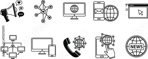 Digital Communication Icon Set Featuring Internet, Devices, Networks, News, Email, and Social Media Symbols for Web, Tech, and UI Design