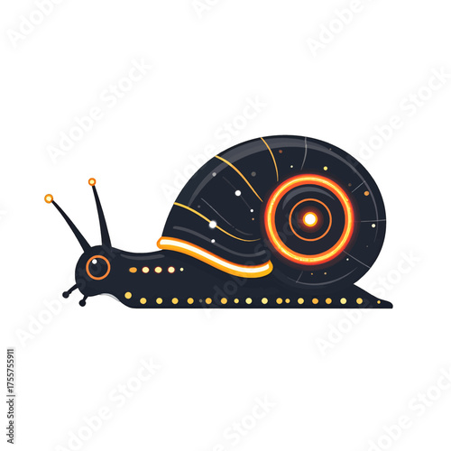 Pixelated Snail with Glowing Orange Shell and Black Body on White Background