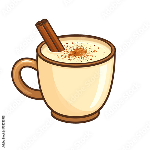 Pixel Art Illustration of Beige Mug with Creamy Beverage and Cinnamon Stick on White Background