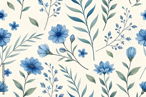 A Charming Watercolor Pattern Featuring Delicate Blue Flowers and Green Foliage on a Creamy Background