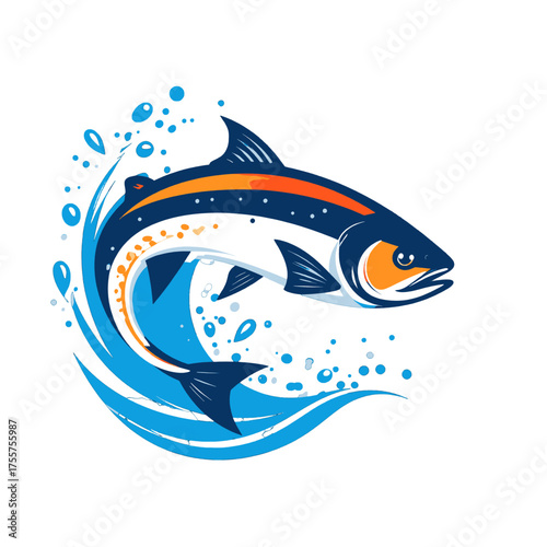 Stylized Salmon Leaping From Water with Blue Waves and Orange Accents on White Backdrop