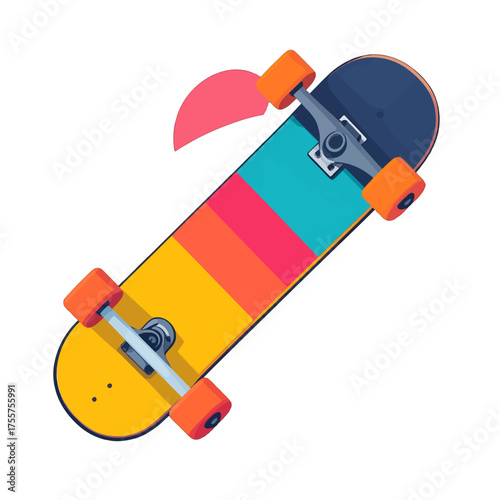 Elevated View of Colorful Skateboard with Orange Wheels, A Palette of Yellow, Teal, Orange, and Red Stripes against a White Background