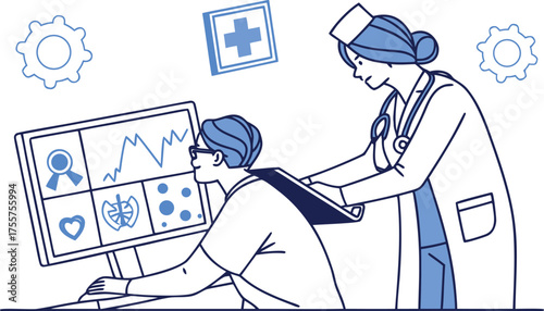 Two medical professionals, a doctor and a nurse, collaborate while analyzing patient data displayed on a computer screen, with medical symbols and gears in the background.