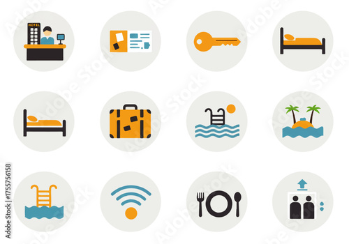 Collection of twelve round travel icons depicting hotel reception, ticket, key, bed, luggage, pool, island, wifi, restaurant, and elevator.