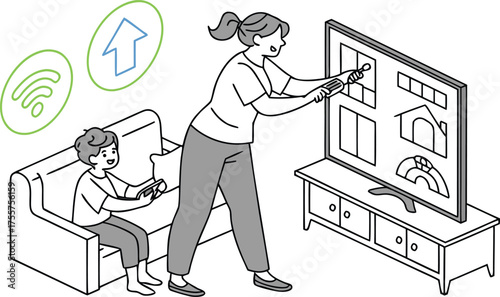 A mother and son interact with a smart home interface on a large television screen, controlling devices and enjoying technology together.